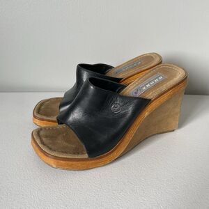 Vintage Bronx Platform Wedge Mule Sandals Shoes Black Leather Wedges Women's 38